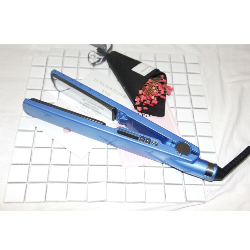 Pro nano titanium azul alisador de cabelo ferro 1.25 "placa rápida plana chapinha prancha salão de beleza display led com adaptador plugue