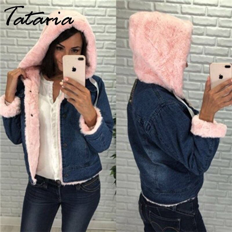 Tataria vrouwen Winter Plus Fluwelen Dames Denim Jas voor Vrouwen Warm Dikke Capuchon College Wind Dames Warm Denim jas