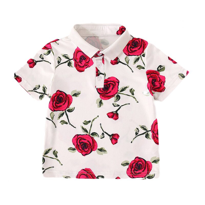 T-shirt imprimé pour garçons et tout-petits, motif floral rose, col à revers, manches courtes, vêtements d'été pour enfants
