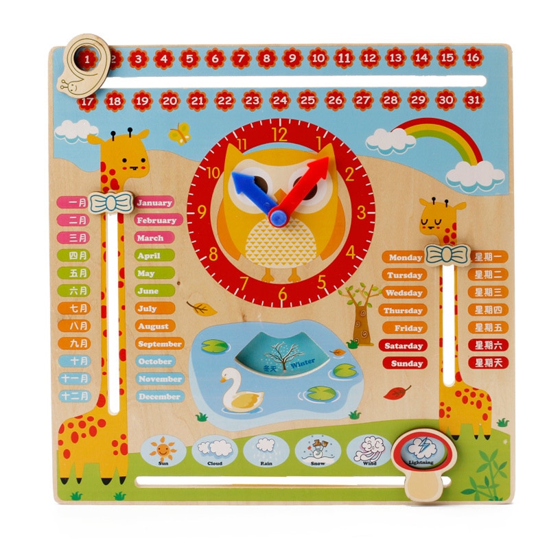 Kids Wooden Toy Children Early Learning Developmental Multifunction Wood Hanging Clock including Calendar Clock Month Weather