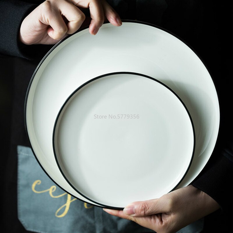 Assiette à Steak en céramique blanche et noire, bordure occidentale, nordique sous glaçure, vaisselle Plate créative, plateau de rangement de desserts de Restaurant