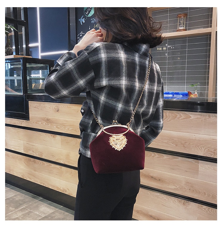 Kvinne fløyel perle veske vintage velour hjerte kveld veske bryllupsfest brud clutch velour bag veske