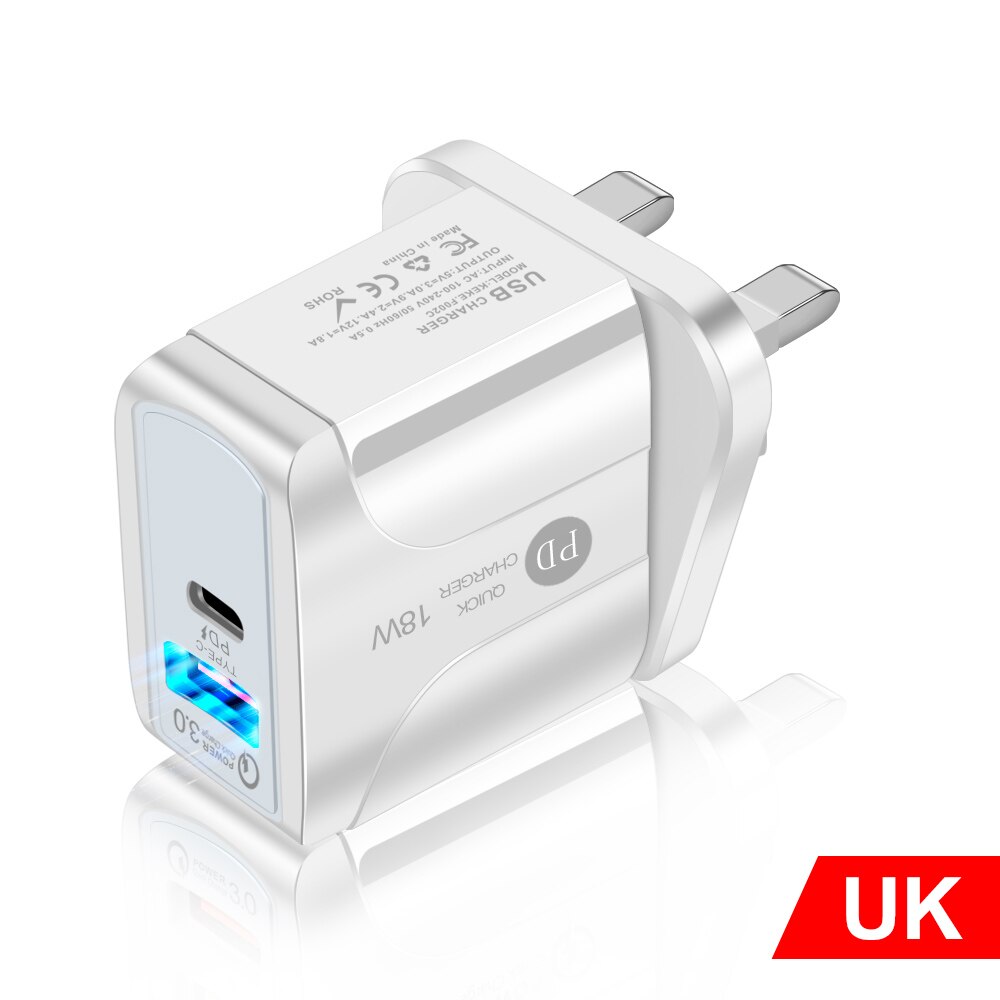 18W Schnell Ladegerät 3,0 USB Ladegerät Für Huawei P30 QC 3,0 Schnelle Zauberstab Ladegerät EU UK Stecker Adapte Für samsung Xiaomi Typ C PD Ladung: UK Weiß