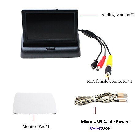 USB Auto Monitor 4.3 Inch Opvouwbare Auto Parking Reverse Rear view Monitor 5 V Power Door Micro USB Charger datakabel: With Gold USB Cable