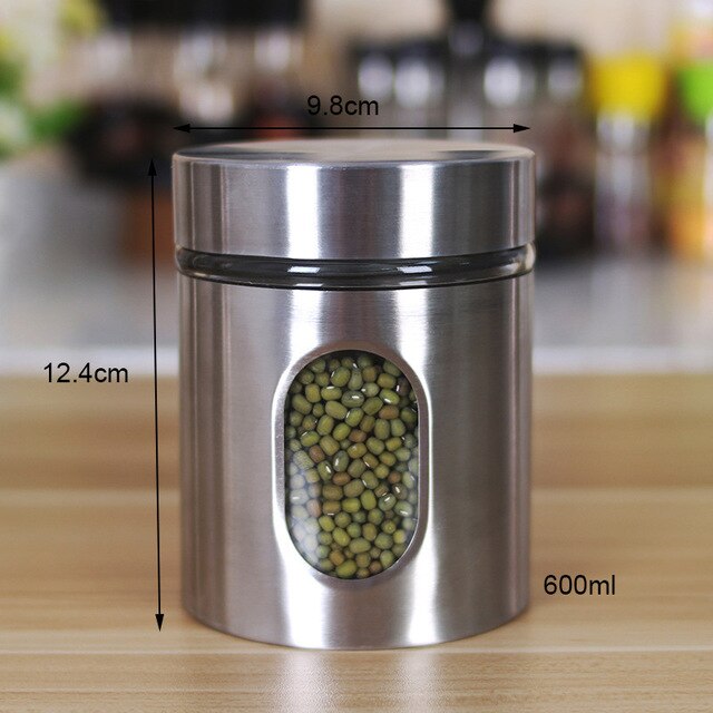 Tarro de comida para cocina, latas selladas de vidrio para el hogar cubierto con jarra transparente, almacenamiento de granos misceláneos, latas de acero inoxidable: 600ml