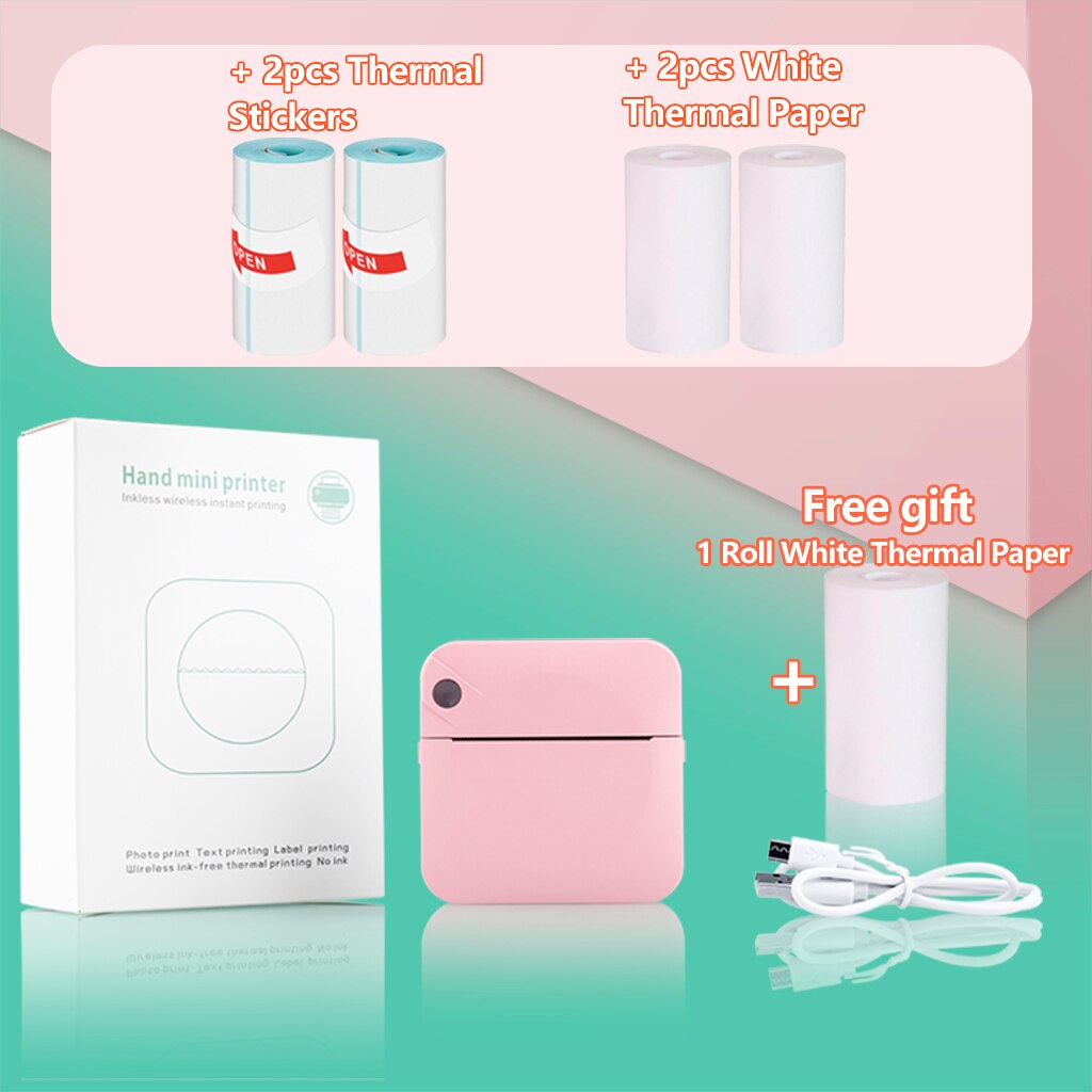 Portable Mini Printer Pocket Printer Student Note Printer Photo Text Bar Code Printer: Pink 2White 2Sticker