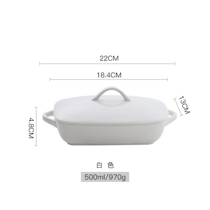 Rectangular ceramic baking dish with lid household binaural cheese baked rice dish bowl baking oven microwave oven: White