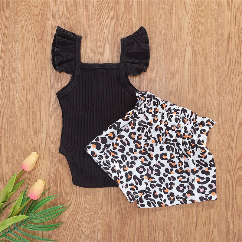 0-24m nyfødte baby piger tøj sæt søde sommer børn piger ribbet strikket knap romper høj talje bælte leopard print shorts