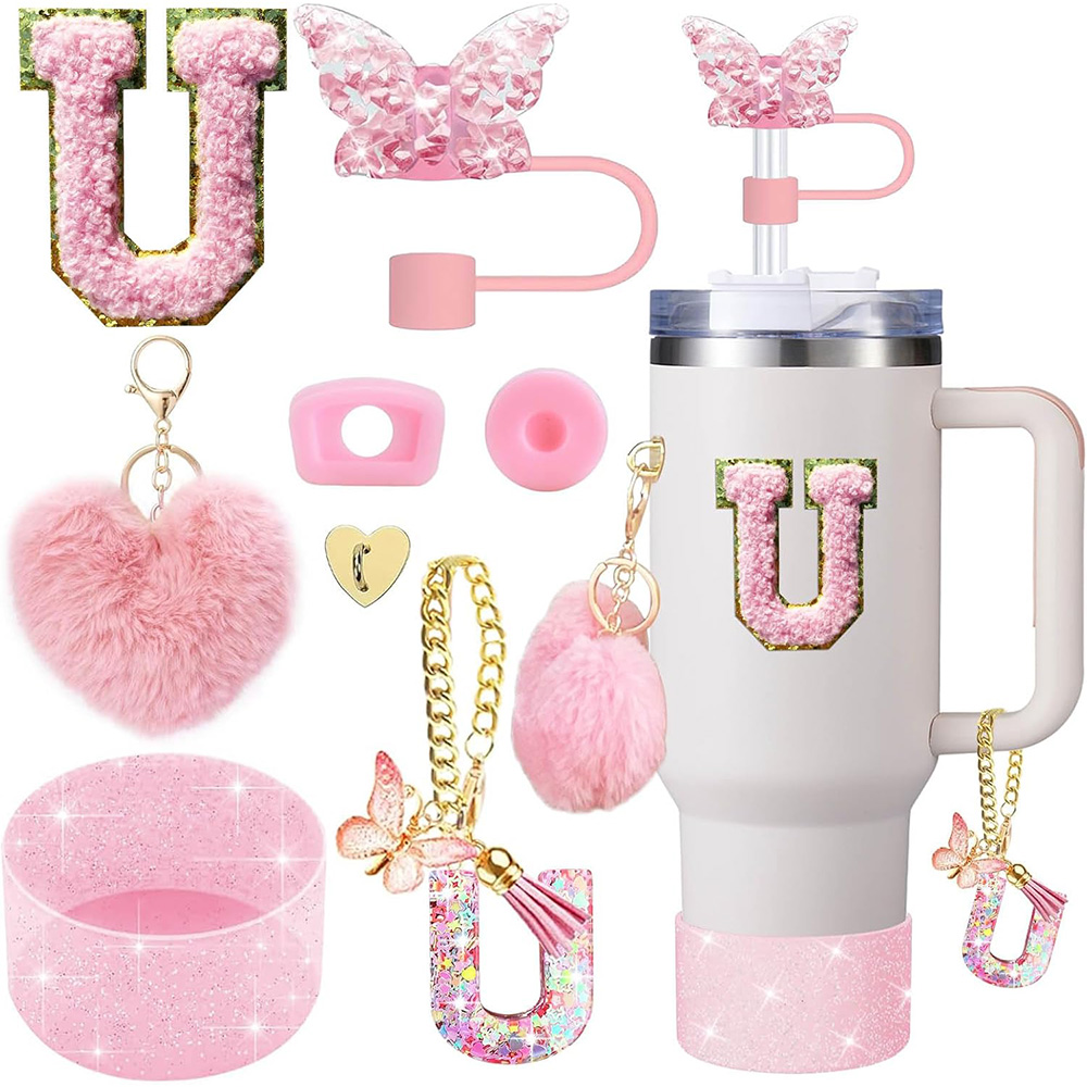 8 pezzi di accessori per tazze per Stanley tazza 30 una volta 40 una volta includere tappo di copertura in paglia a farfalla Maniglia per stivali in silicone Adesivo con iniziali di fascino: Oro