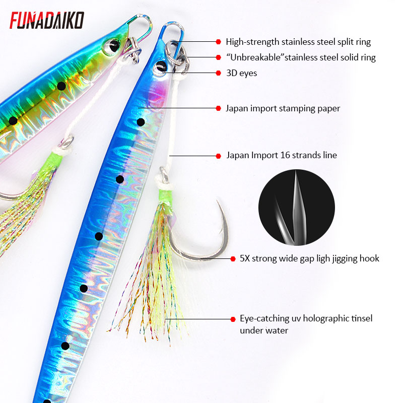 Funadaiko jigging lokke 80g 100g 135g jig agn metal jig lokke fiskeri lokke jig langsom jig fiske jig med 5x hjælpe kroge pesca