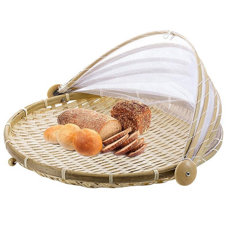 Handgemaakte Bamboe Geweven Bug Proof Rieten Mand Stofdicht Picknick Fruit Lade Voedsel Brood Gerechten Cover Met Gaas