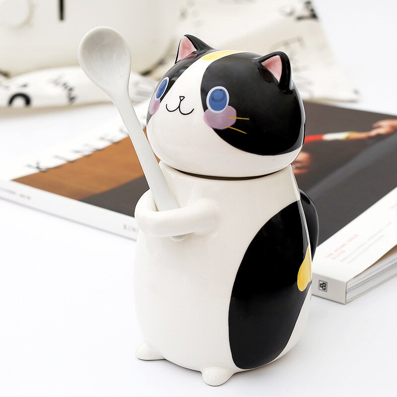 ¡Novedad! Gato de cerámica con forma de taza para café bonito y cuchara taza para la leche creativa pintada a mano, novedosos