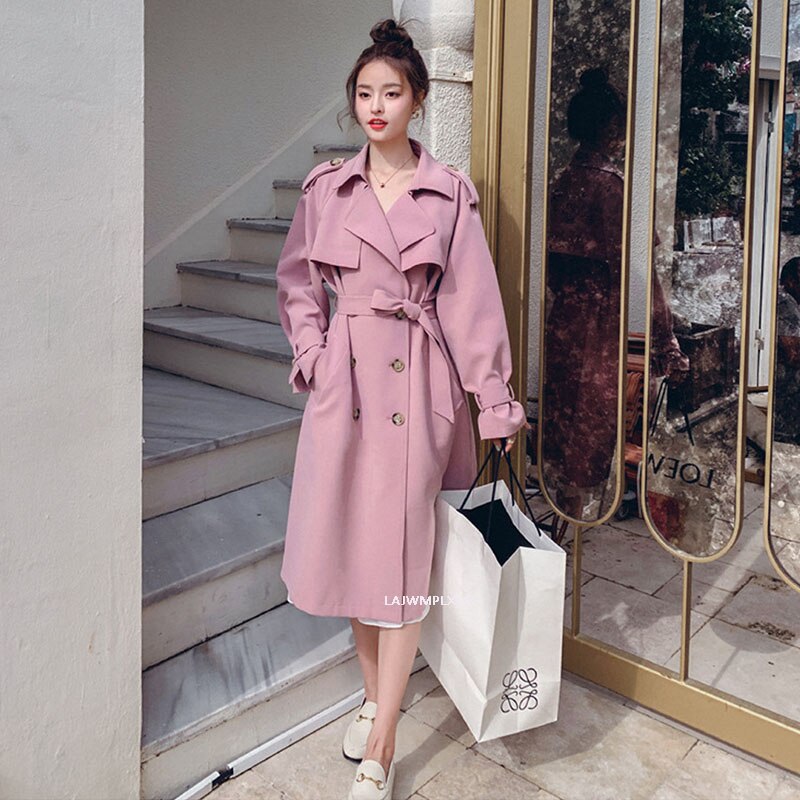 autumn Korean Double Breasted Trench Coats Female Sashes Belted Slim Waist outwear Women clothing spring FY139: Pink / M