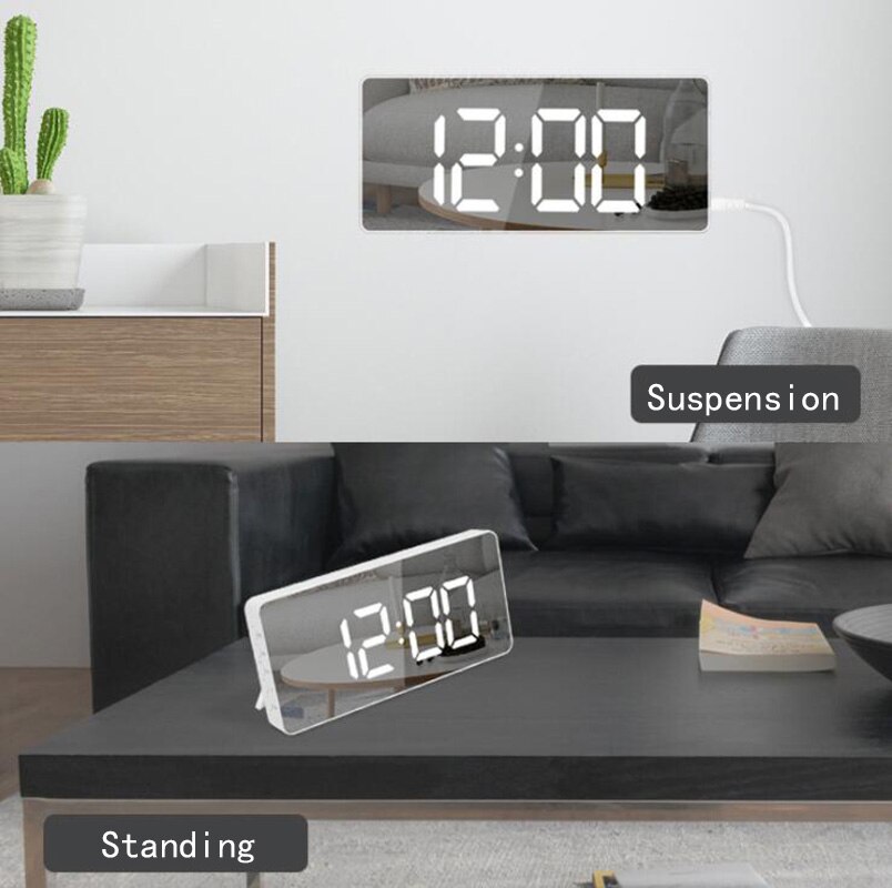 5.9 inch Mirror LED Alarm Clock Snooze Digital Clock Bedroom Dimmer Wake Up Light With Dual USB Charge Port Time Memory Function