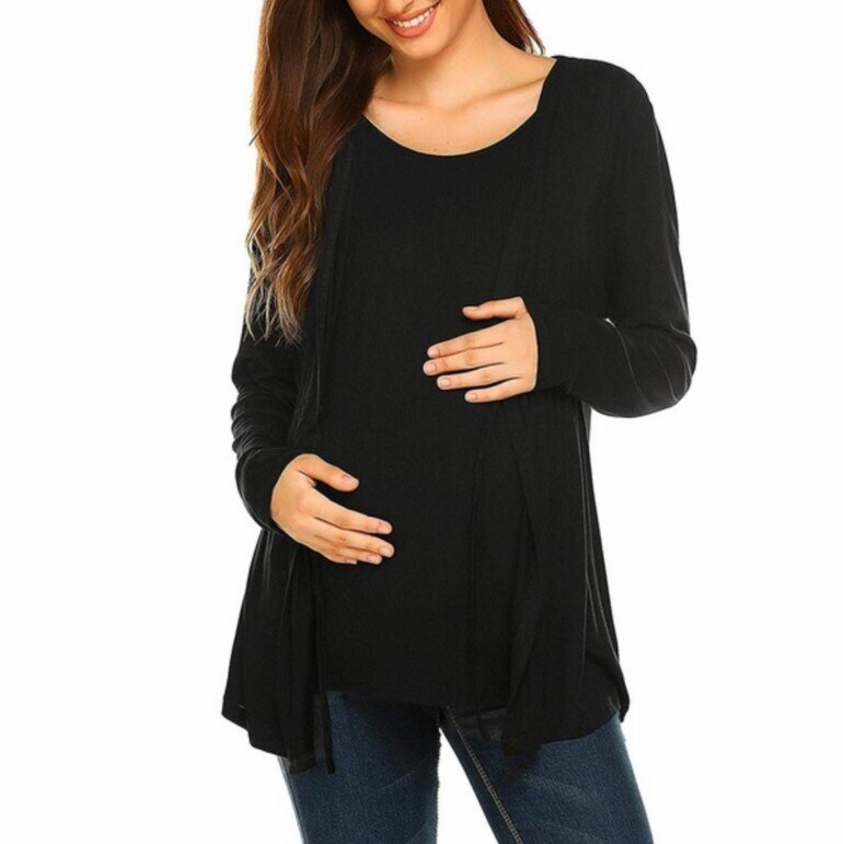 Gravid amningskläder sida öppen gravid amningströjor s-xxl långärmad höst vinter löst sittande mammakläder: Svart / Xl