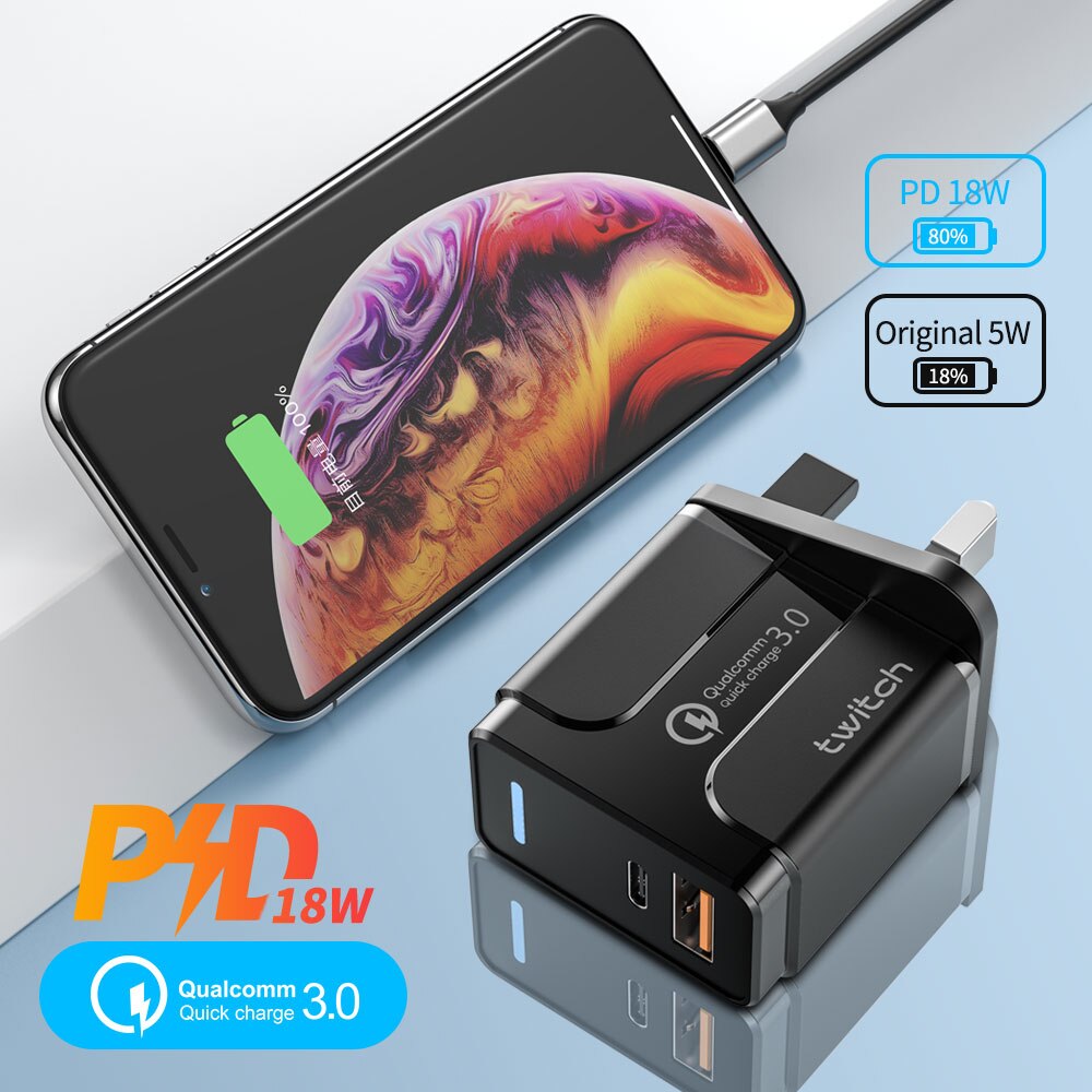 Twitch Quick Charge 3.0 18W PD USB Wall Charger for Samsung Xiaomi iPhone 11 Pro X Charging UK Adapter Fast Mobile Phone Charger