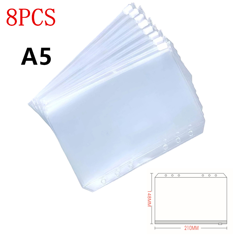 KDD Binder Pockets A5/A6/A7 Binder Loose Leaf Bag Clear Zipper Folders For 6-Ring Notebook Binder Pouch Document Filing Bags: A5 8PCS