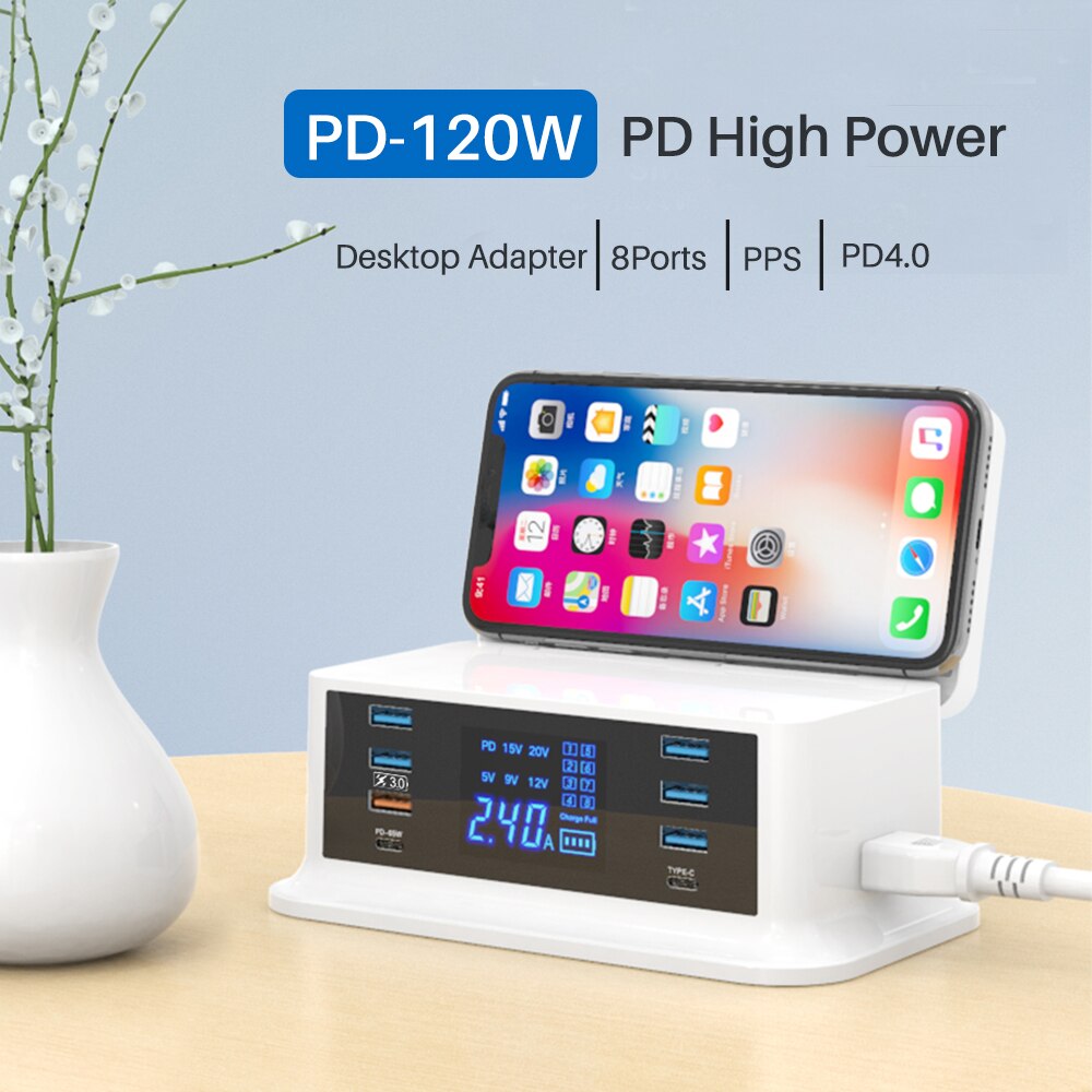 120w usb-anschlüsse,  pd 65w schnellladegeräte, 3.0 adapter-hubs 8 kabellose ladestation mit pd-schnellladefunktion für macbook pro, lenovo und iphone