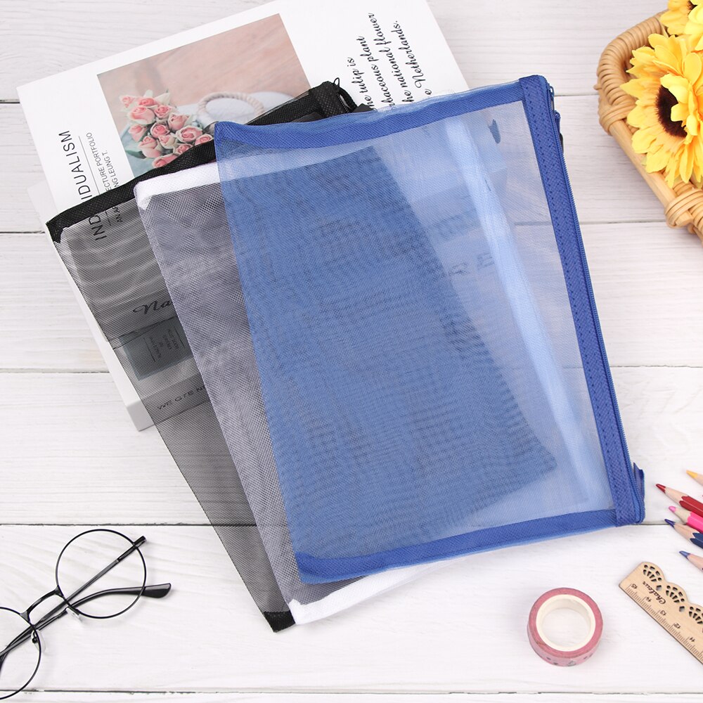 Simple Transparent Zipper Pocket Pencil Case Nylon Mesh Document File Bag Storage Pouch School Office Supplies