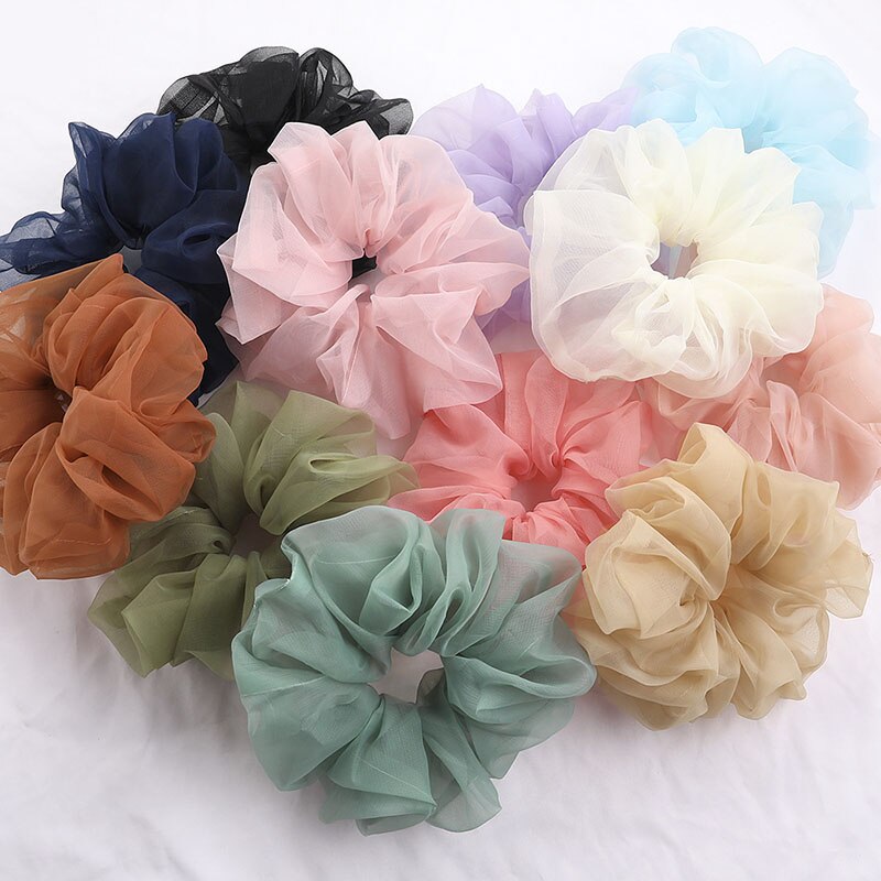 Scrunchies de malla de gran tamaño para mujer, cuerda romántica para el cabello rosa y azul, lazos para el cabello de Organza de tul transparente, accesorios para el cabello, banda para el cabello