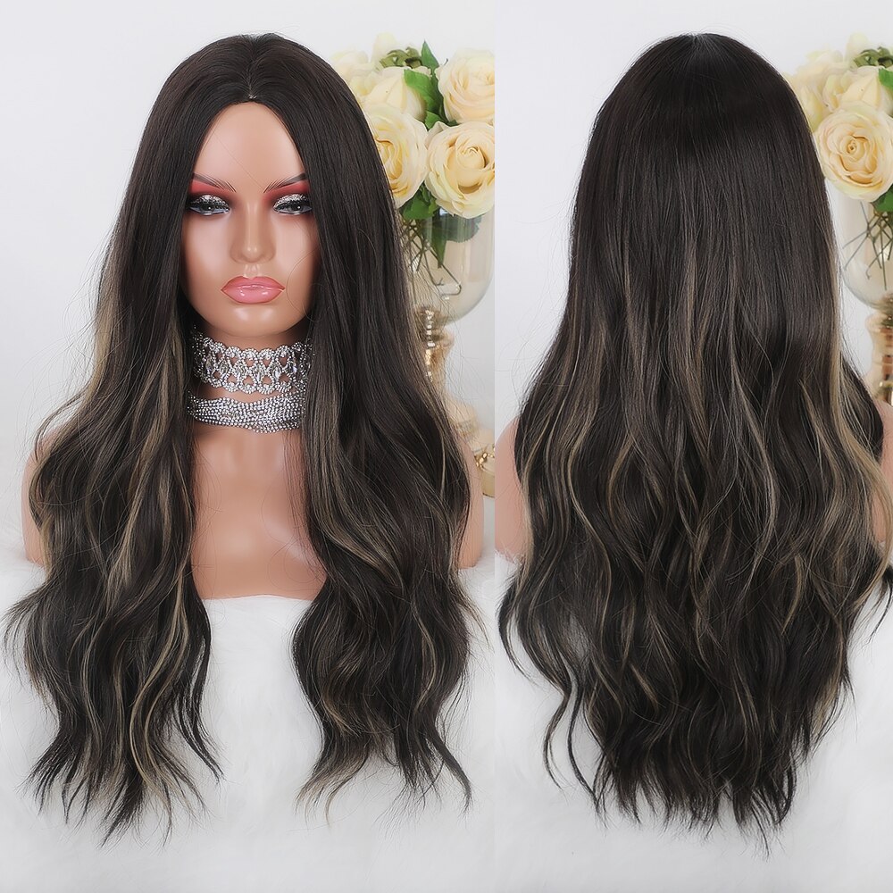 JONRENAU Long Synthetic Natural Wavy Dark Brown Hair Wig with highlight for White /Black women Daily Wear Wigs: Lc314