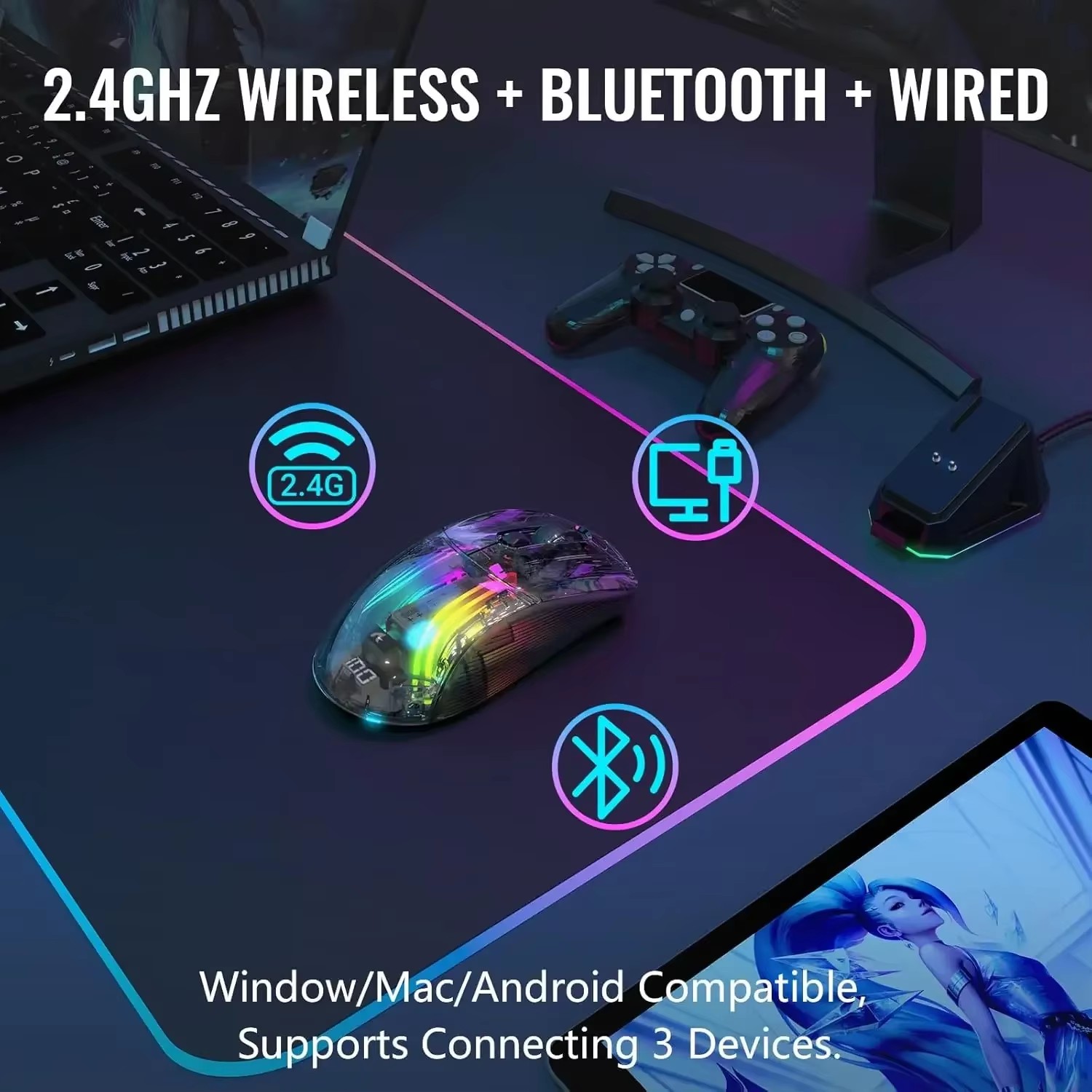 ATTACK SHARK X2 Pro tryb tryb bezprzewodowa przezroczysta obudowa mysz do gier RGB akumulator 4000 DPI ładowalna mysz dokująca
