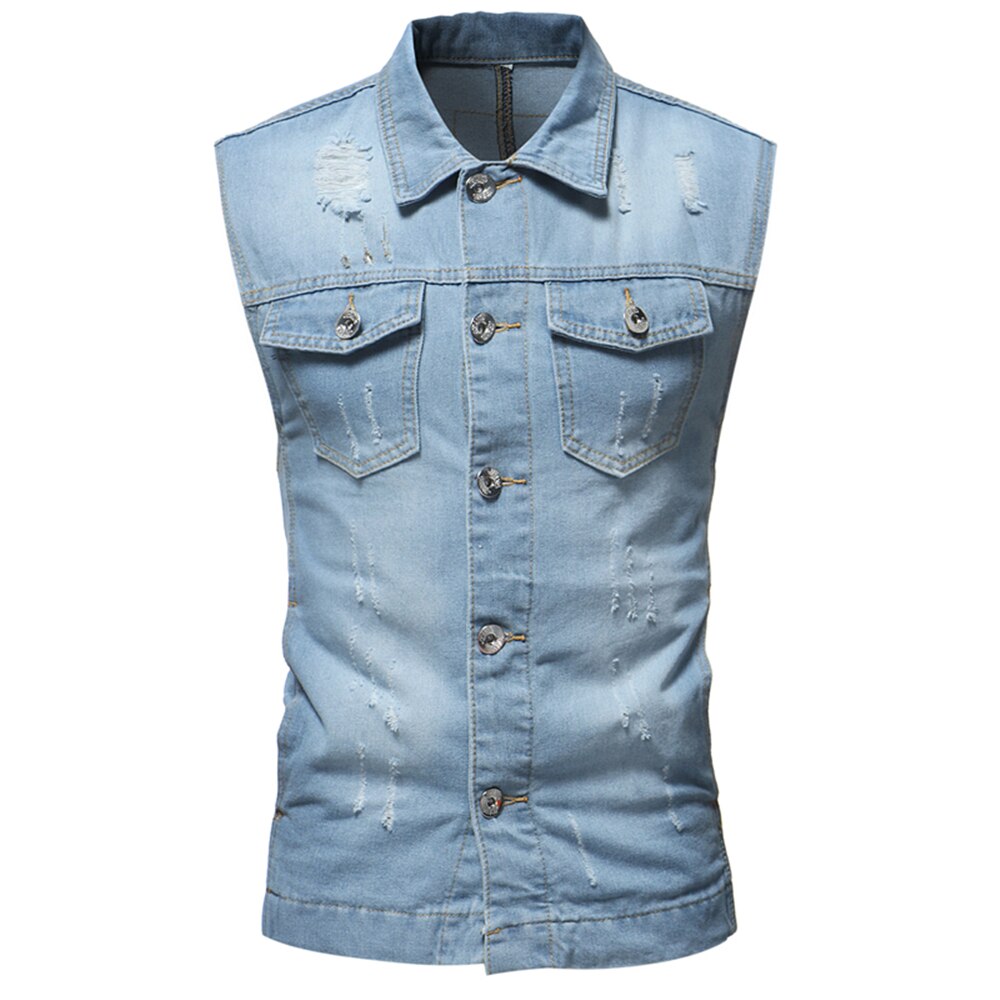 Helisopus automne et hiver manteau en Denim pour hommes classique trou de lavage gilet hommes décontracté sans manches col rabattu gilet: Light blue / XXXL