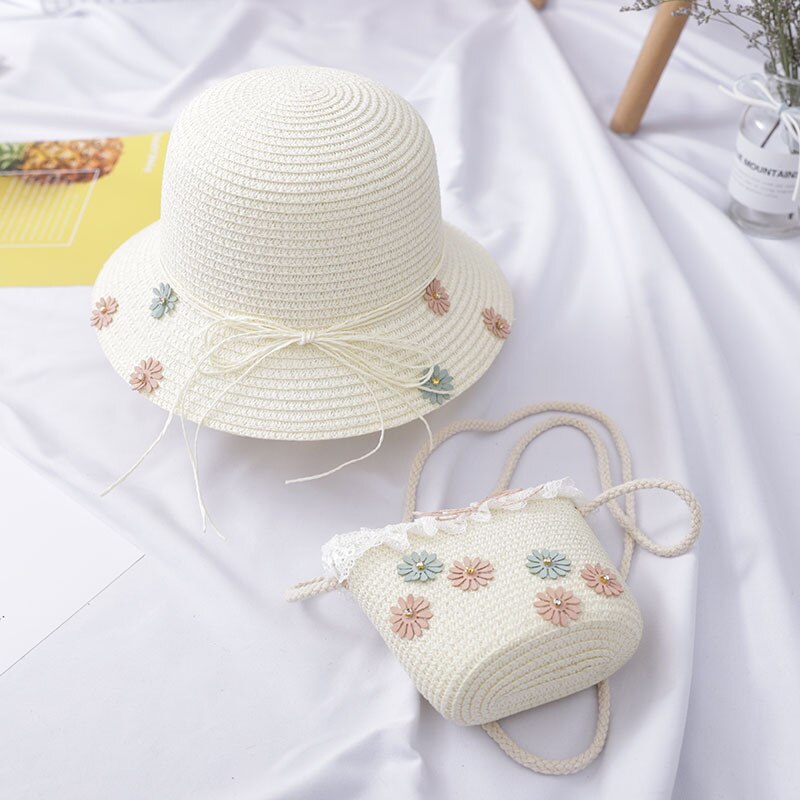 Cute Girls Beach Bucket Breathable Cap Straw Sun Hat+Shoulder Handbag Bag Set: C