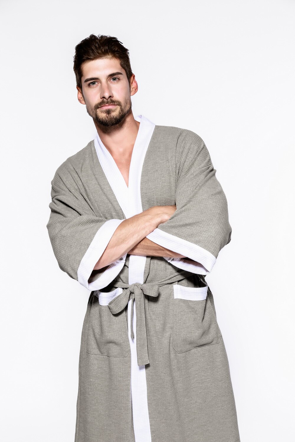 Peignoir de bain homme coton gaufre Plaid Kimono peignoir vapeur Sauna hommes Robes longues vêtements de nuit nuit printemps automne maison vêtements: Gray W / S
