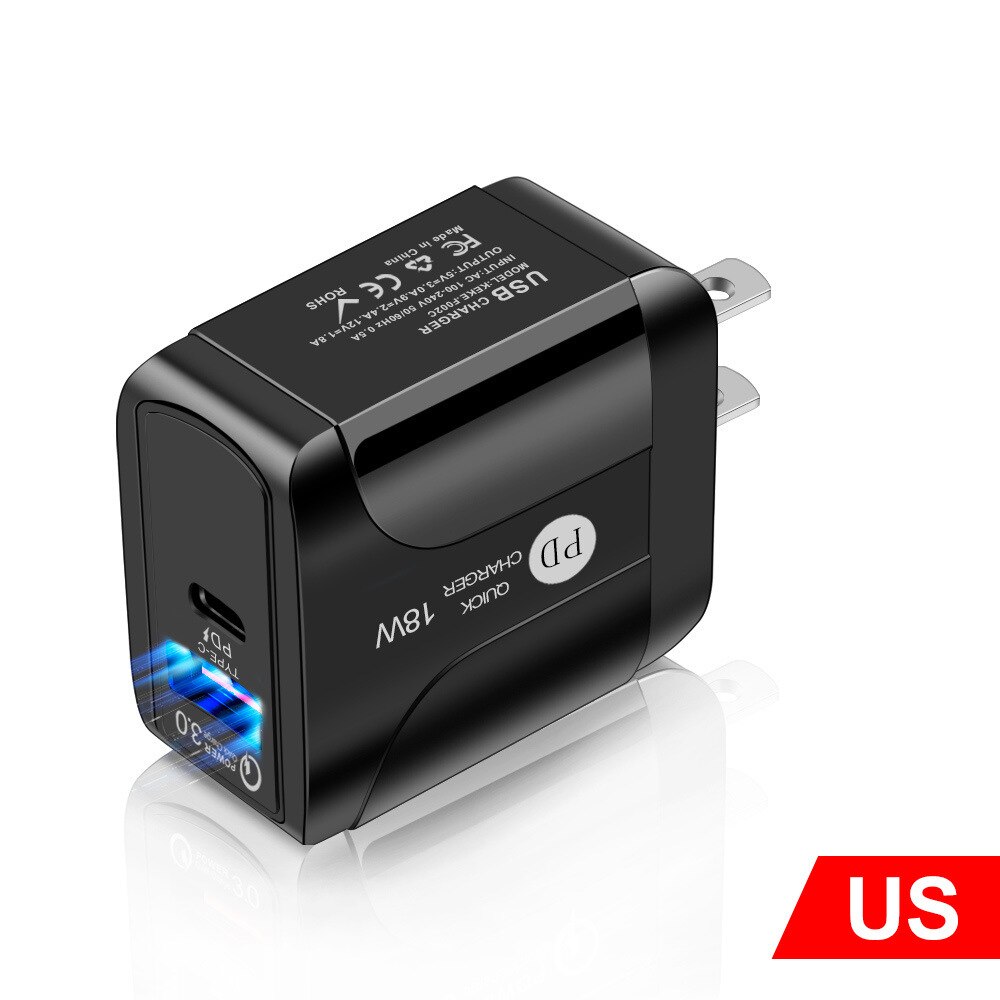 18W PD Ladegerät QC 3,0 quick charge 3,0 für iphone 12 11 schnelle ladegerät adapter für xiaomi samsung S20 hinweis typ c usb c dual port: US Plug-Black