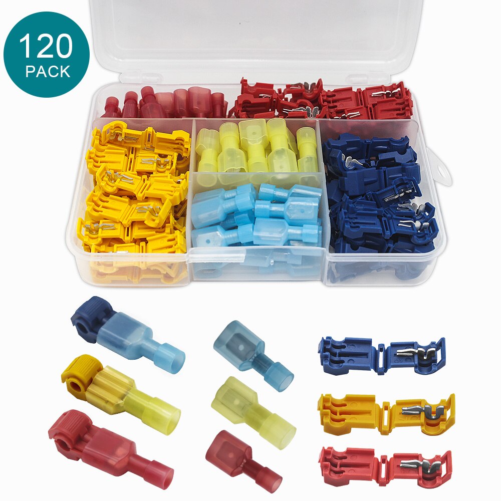 240 PCS T Tap Electrical Yellow, Red Blue Electrical Connectors Quick Wire Splice Taps and Insulated Male Quick Disconnect Term: 120PCS