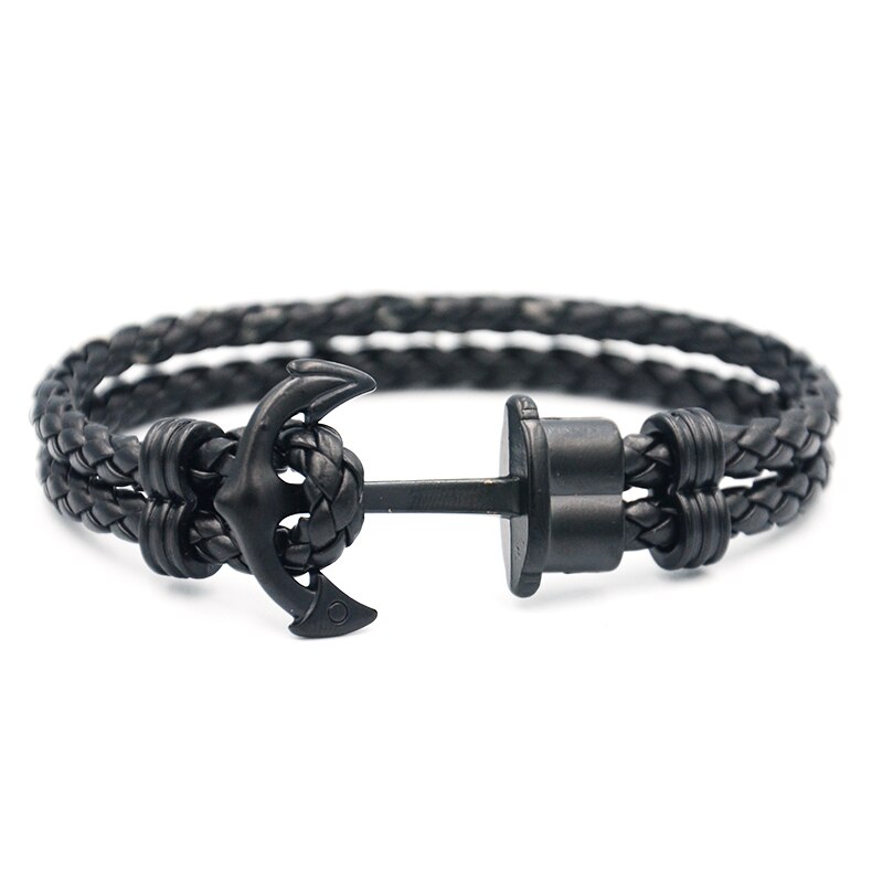 Mannen Anker Armband Phrep Gemaakt Van Leer In Zwart Und Anker In Ip Zwart: black leather