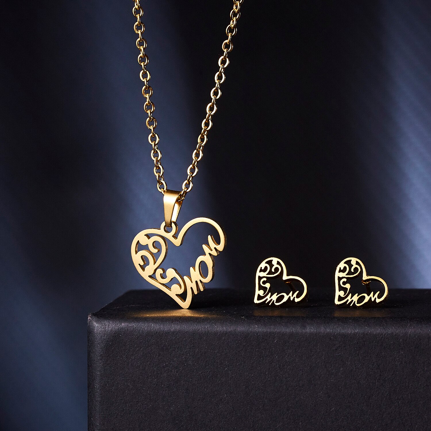 Rinhoo-Conjunto de joyería para el día de la madre, colgante de acero inoxidable con forma de corazón, rosa, flor, collar, pendientes, de Acción de Gracias para mamá: 3