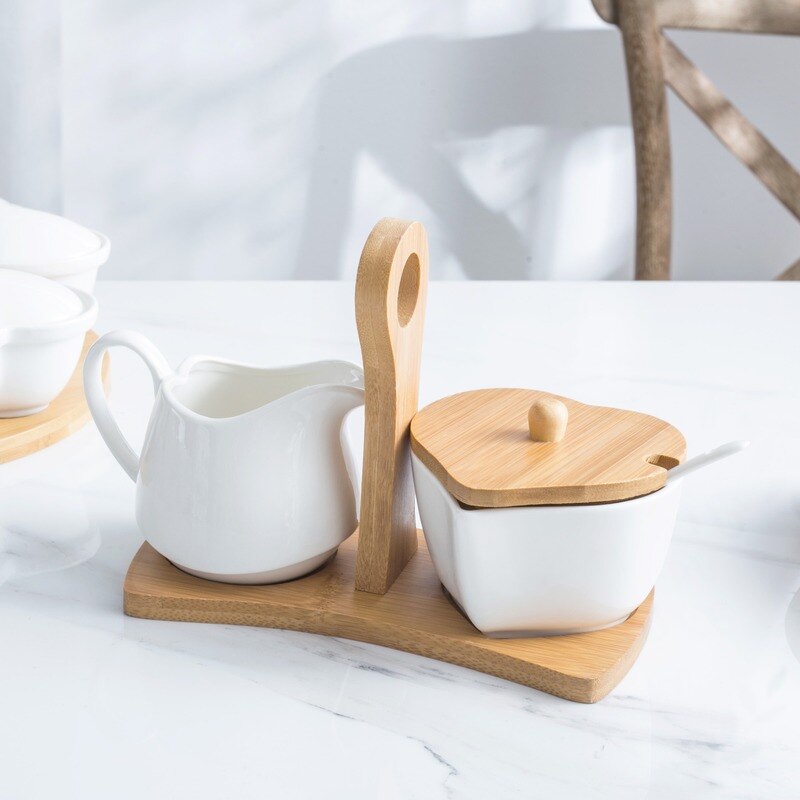 Hartvormige Pure Witte Keramische Suikerpot Melk Kruik Set Met Bamboe Handvat Melk Cup Melkkan Pourerpitcher Jugpottery koffie