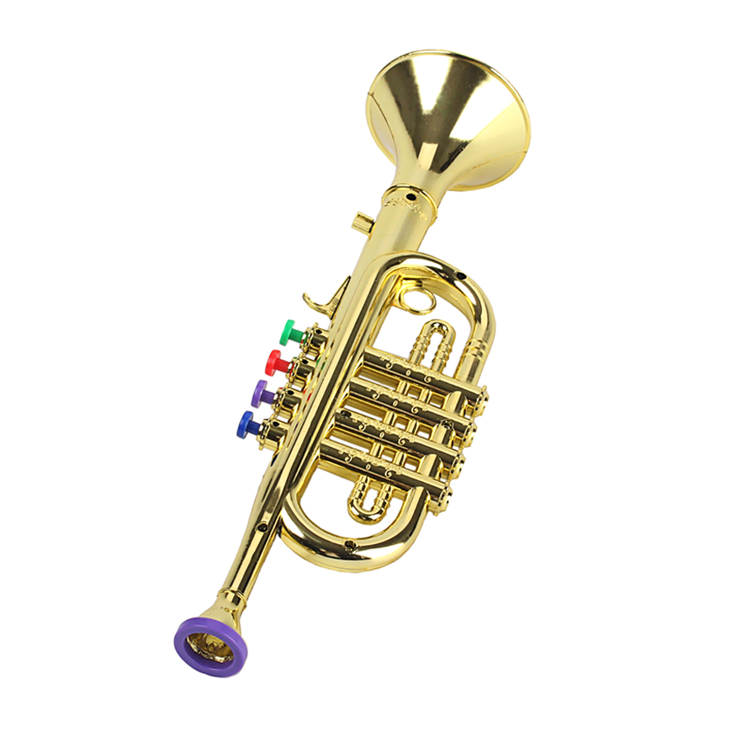 Gold 14-1/2 Inch Trumpet with 4 Colored Keys, Musical Wind Instrument Music Toys for Kids, Learning &amp; Entertainment