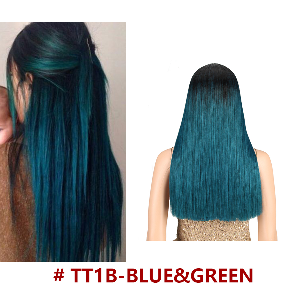 Bella Longue Droite Ombre Bleu & Vert Rose Blond Violet Violet Noir Bleu vert cheveux pièce 7 couleurs Résistant À La Chaleur Synthétique Dentelle Perruques Pour Les Femmes 20 pouce partie médiane droite colorée perruq: BULE-GREEN