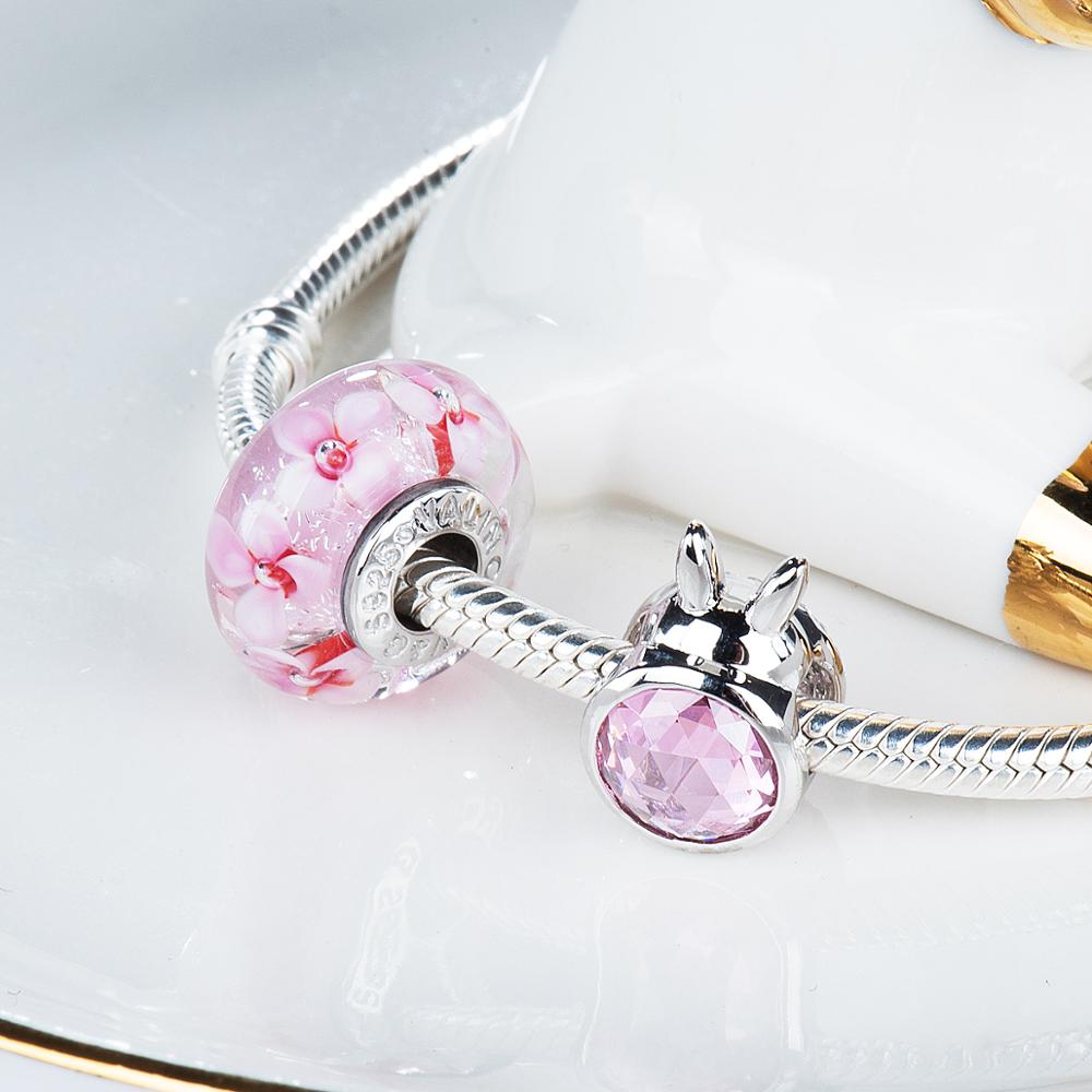 Carino coniglio grande rosa di zircon 925 sterlina perline D'argento di fascini misura I Braccialetti non cambiano Mai colorDDBJ002