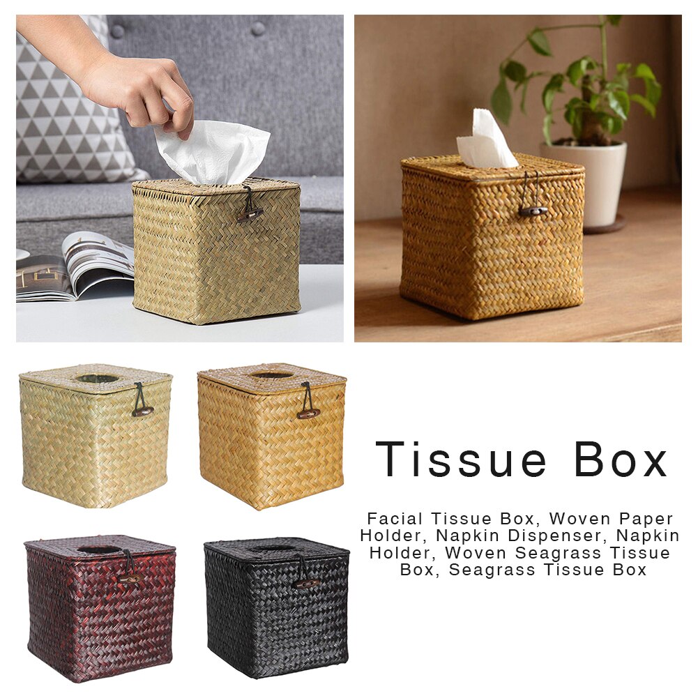 Vierkante Tissue Box Cover Tissue Houder Zeewier Hand Geweven Papier Handdoek Servet Dispenser Voor Thuis Restaurant
