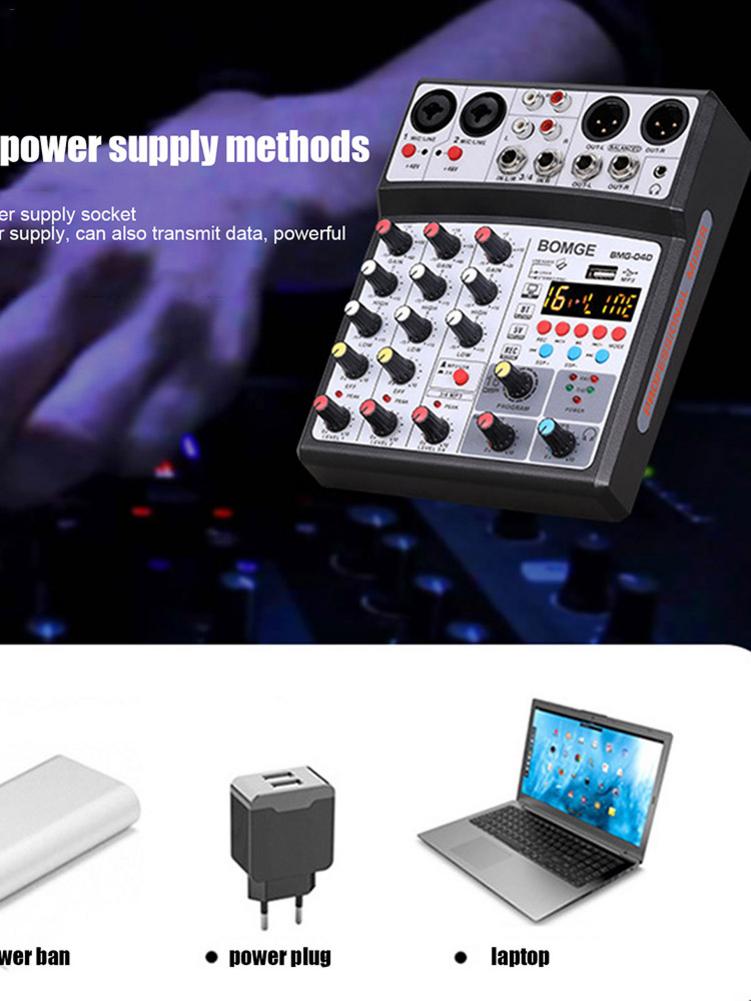 4 Channels Audio Sound Mixer Mixing DJ Console USB With 48V Phantom Power 16 DSP Effects