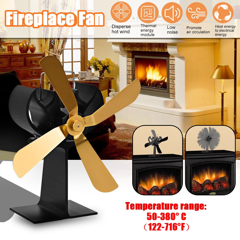 Heat Powered Stove Fan 4 Blades Log Wood Burner Quiet Black Home Fireplace Fan Efficient Heat Distribution
