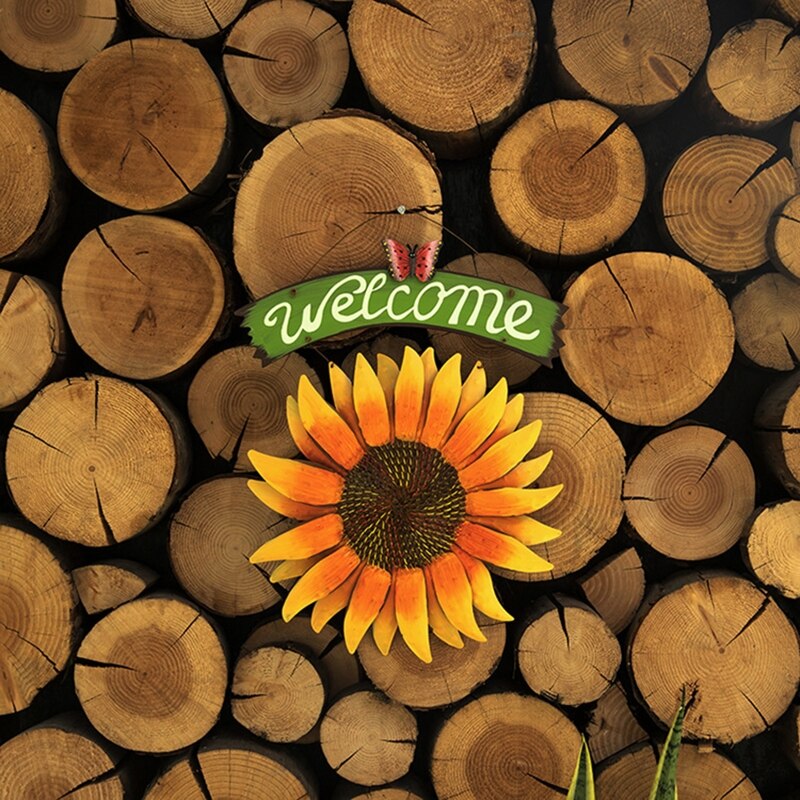 Garden Welcomeing Signs Metal Hanging Yard Art Decorative Outdoor Garden Signs Sunflower Outside Hand-Painted Decor