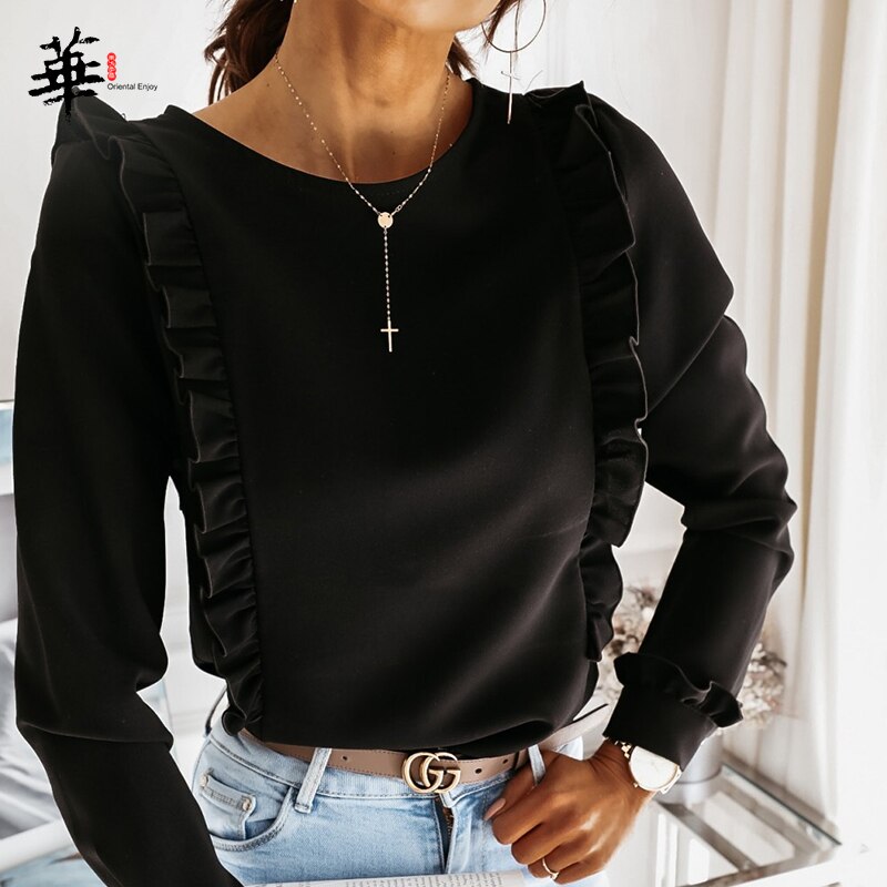 Volanger bluse kvinner o-hals langermet bluse høst høst blusas knapp tilbake kontor dame kvinner bluser topper skjorter: Svart / Xl