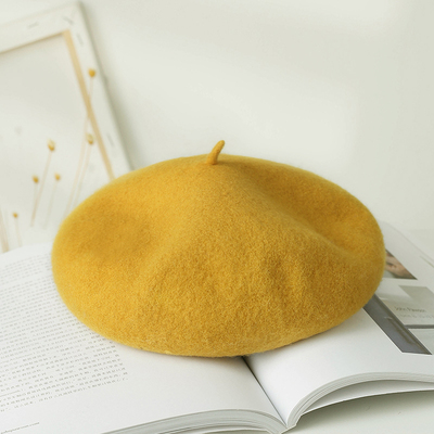 Jahrgang Frauen Mädchen Einfache Baskenmütze Französisch Warme Wolle Winter Mütze Hütte Kappe schlicht Baskenmütze Hüte Einfarbig Elegante Dame Winter kappen: Gelb