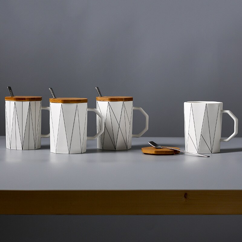 Taza geométrica mate creativa con tapa de bambú, cuchara de metal, tazas de cerámica de línea, para microondas Vaso de Leche, artículos para beber para el hogar y la Oficina, 400ml