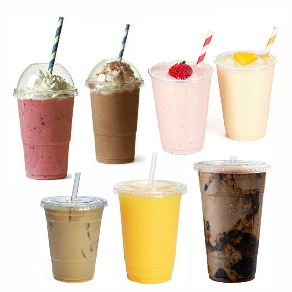 Tasses à Smoothie jetables, couvercles en plastique, verres à Milkshake, tasse de fête en verre, tasse à thé à bulles, gobelets en plastique avec couvercles, tasses à dessert