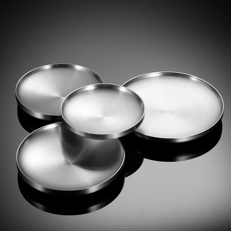 Plato de cena redondo de acero inoxidable grueso, platos de postre occidentales, bandeja de doble capa, mesa de comedor antiquemaduras, decoración del hogar