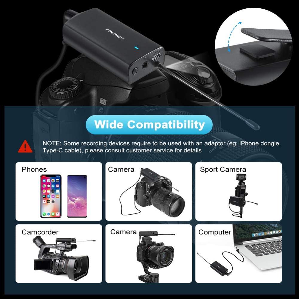 Fusaim wm300 sem fio sistema de microfone de lavalier uhf 20-channel sem fio omni lapela microfone compatível com iphone, android