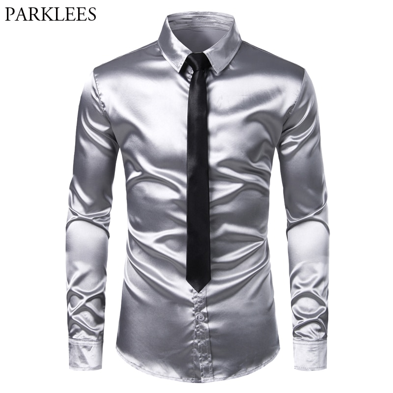 Heren zilverkleurige zijden satijnen overhemd met stropdas, slim fit overhemd met knoopjes, casual overhemd voor heren, feest, bruiloft, gala, podium, chemise