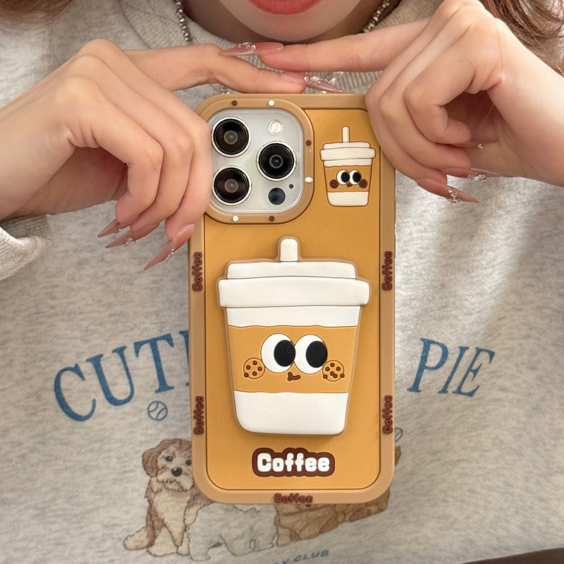 Support de tasse à café pliable en silicone souple pour iPhone, coque arrière 3D, support drôle, support pour iPhone 16 Pro Max, 15, 14, 13, 12, 11