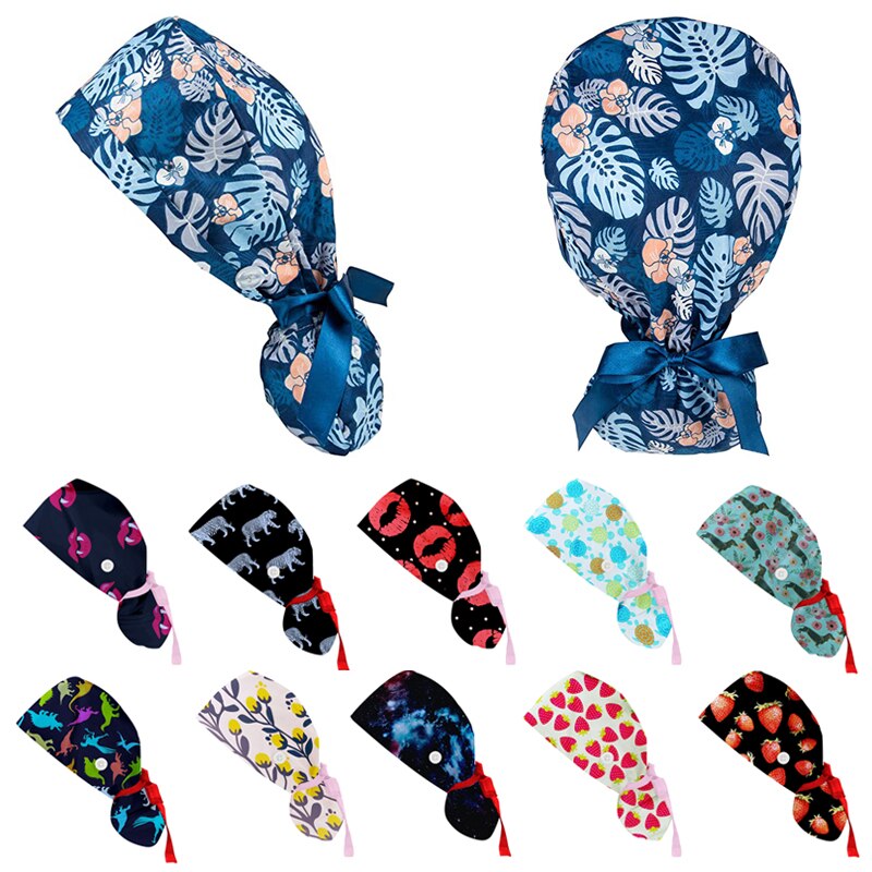 Gorro de algodón con botones para hombre y mujer, estampado, accesorios para uniforme de enfermera, tienda de mascotas, gorro quirúrgico para trabajo de laboratorio de Chef